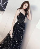 Black Spaghetti Straps Tulle Prom Dresses with Stars N2580