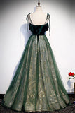 Spaghetti Straps Tulle Lace Up Back Formal Green Prom Dresses