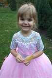 Ball Gown Cute Short Sleeves Long Flower Girl Dresses Lace Appliques Bow Flower Girl Dresses F079