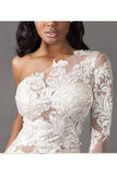 One Shoulder Long Sleeve Tulle Lace Mermaid Wedding Dresses with Sweep Train N1780