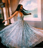 Silver Sparkly Deep V-Neck Sleeveless A Line Prom Dresses