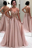 Luxury Beaded Long Prom Dresses A-line Popular Appliqued See Through Evening Dresses N2412