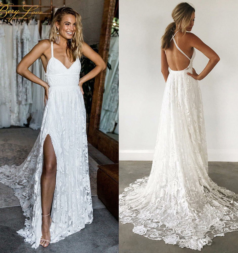 Straps Long Lace Wedding Dresses Charming Lace Beach Wedding Dresses N2274