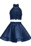 Two Piece Navy Blue High Neck Homecoming Dress with Lace, A Line Satin Graduation Dress N1853