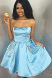 Royal Blue Strapless Satin Homecoming Dresses with Beading A Line Short Graduation Dresses N2051