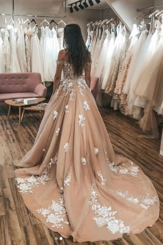 Gorgeous Off the Shoulder Tulle Lace Appliques Wedding Dresses Puffy Bridal Dresses N2399
