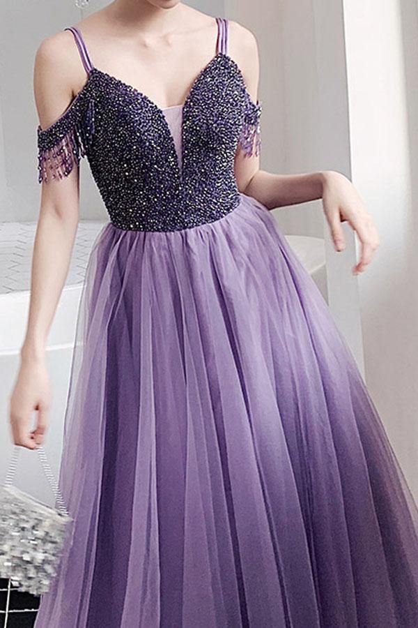 A Line Tulle Elegant Off The Shoulder Beaded Lilac Long Prom Dresses