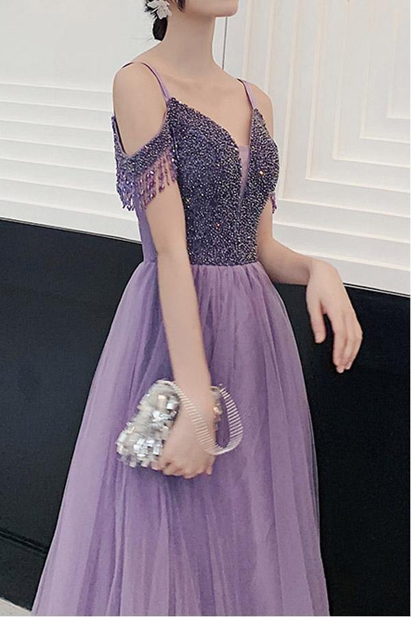 A Line Tulle Elegant Off The Shoulder Beaded Lilac Long Prom Dresses