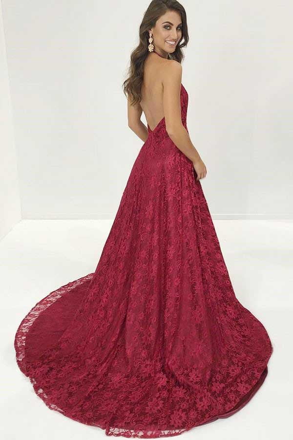 Burgundy Deep V-Neck Lace Sweep Train Backless Prom Gown N1142
