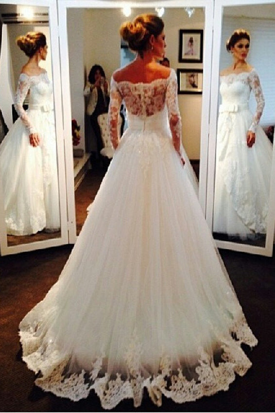 Elegant Tulle Lace Off-the-shoulder Bridal Dresses Long Sleeve Wedding Dresses N935