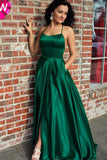 Emerald Green Spaghetti Strap Split Prom Dress, Sexy Long Evening Dress with Slit