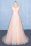 Peach V Neck Sleeveless Tulle A Line Prom Dresses, Straps Tulle Evening Dress N2329