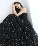 Black Spaghetti Straps Tulle Prom Dresses with Stars N2580