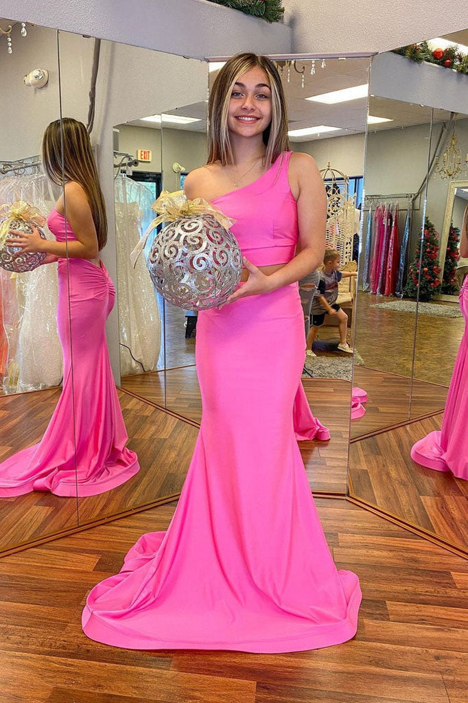 Hot Pink Two Pieces One Shoulder Graduation Evening Dresses Long Prom Dresses