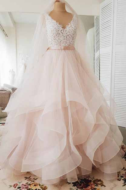 Light Pink V-Neck Sleeveless Sweep Train Lace Tulle Wedding Dresses with Sash N597
