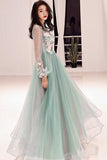 Charming A Line Long Sleeves Tulle Prom Dresses with Flowers N1758