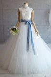 White Sweetheart Ball Gown Sweetheart Tulle Wedding Dress with Blue Belt N2684