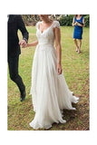 A Line Ivory V-Neck Cap Sleeves Lace Chiffon Beach Wedding Dresses N09