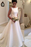 A Line Classic Satin Backless Wedding Dress with Bowknot