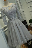 Grey A-line Bateau Knee-length Lace Appliques Tulle Homecoming Dress with Belt,N382