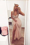 Spaghetti Straps Pink Chiffon Long Prom Dresses with Lace, Split Party Dresses