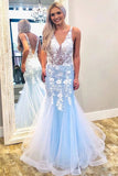 See Through V Neck Sleeveless Light Blue Tulle Mermaid Prom Dress with Lace Appliques N2635