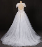 Puffy Short Sleeves Tulle Bridal Dresses with Lace Appliques Long Train Wedding Dresses N2294