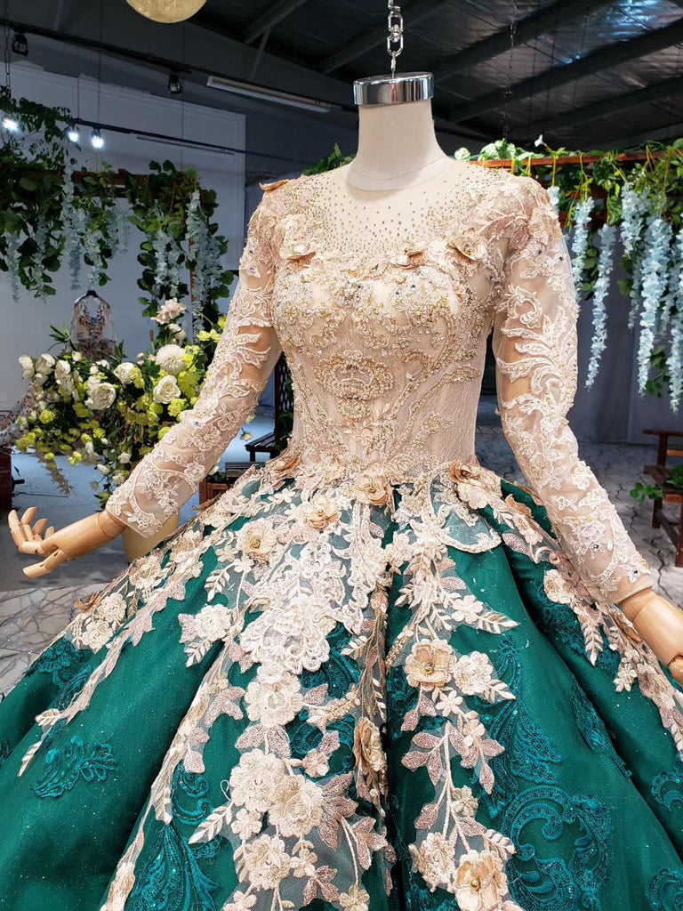 Ball Gown Long Sleeves Floor Length Prom Dress with Appliques Quinceanera Dress N2385