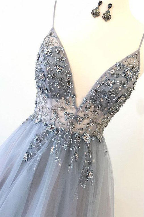 Spaghetti Straps V-Neck Tulle Prom Dresses with Appliques A Line Long Formal Dresses with Beads N2471