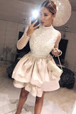 A Line High Neck Two Tiers Appliques Long Sleeves Short Homecoming Dresses N1937