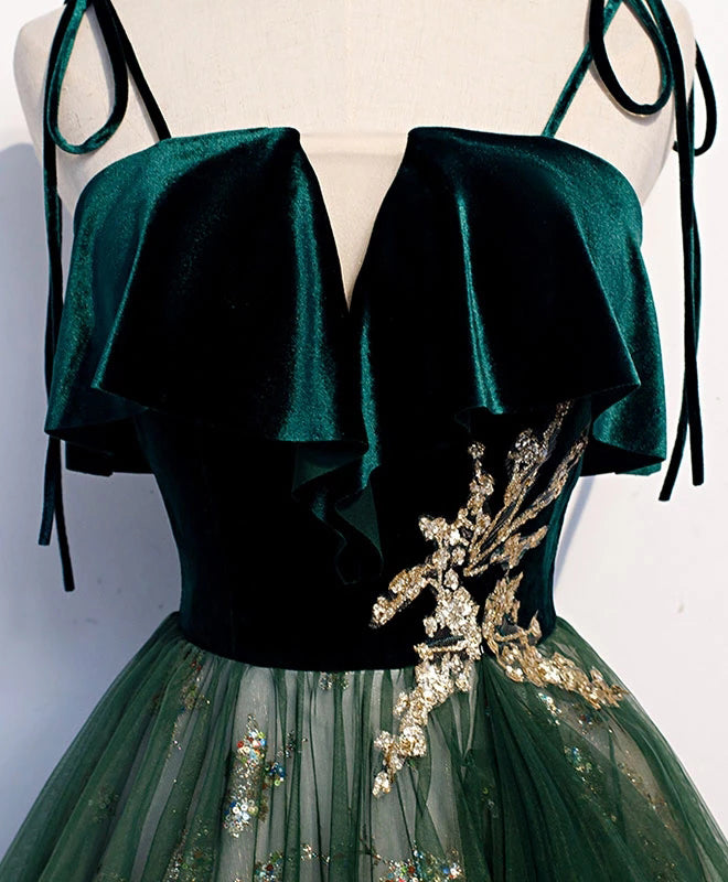 Spaghetti Straps Tulle Lace Up Back Formal Green Prom Dresses