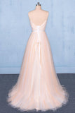 Peach V-Neck Sleeveless Tulle A Line Prom Dresses Straps Tulle Evening Dresses N2329