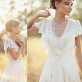 Ivory V-Neck Chiffon Boho Wedding Dress Unique Cap Sleeves Beach Wedding Dress with Ruffles N2505