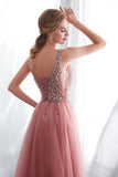 Beading V-Neck Pink High Split Tulle Sweep Train Sleeveless Evening Gown with Sequins N2278