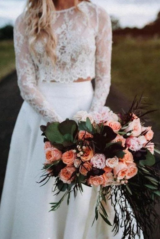 Romantic Two Piece Long Sleeves Wedding Dresses with Lace A Line Ivory Chiffon Bridal Dresses N2398