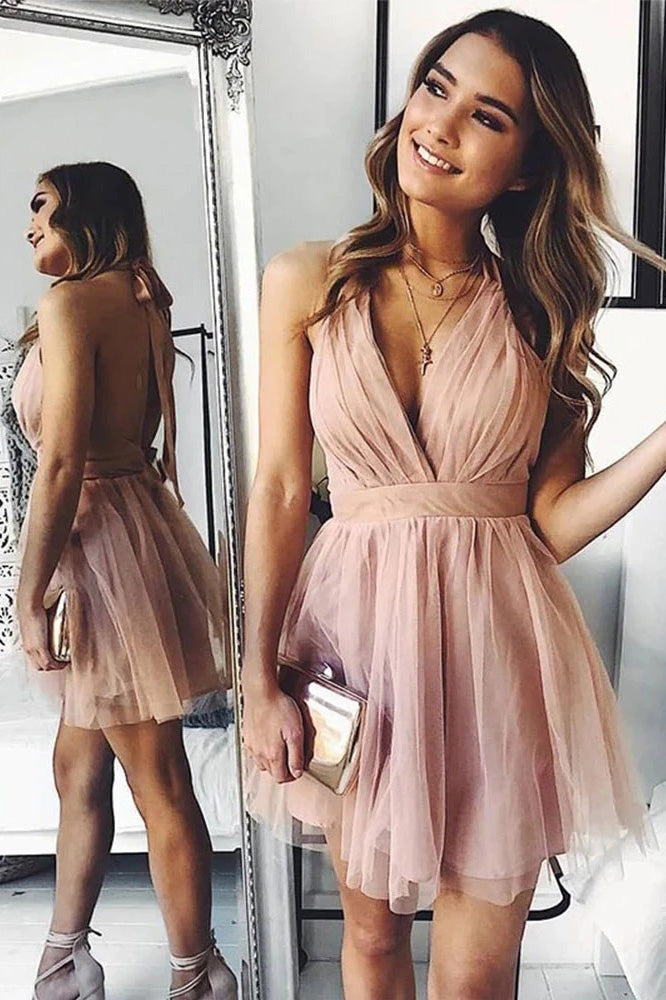 Cute Halter Above Knee Pink Tulle Short Prom Dresses Pleated Homecoming Dresses N1986