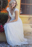 A Line V-Neck Floor Length Cap Sleeves Lace Beach Wedding Dresses Boho Wedding Dresses N2495