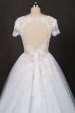 Puffy Short Sleeves Tulle Bridal Dresses with Lace Appliques Long Train Wedding Dresses N2294