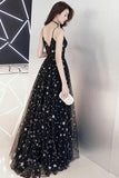 Black Spaghetti Straps Tulle Prom Dresses with Stars N2580