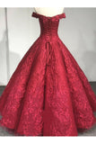 Burgundy Off the Shoulder Puffy Lace Quinceanera Prom Dresses