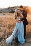 Sexy Sky Blue V-Neck Spaghetti Straps Pleated Long Prom Dresses