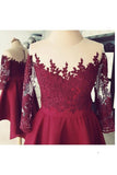 Dark Red Sheer Neck Homecoming Dresses High Low Appliques Satin Short Prom Dresses N1870
