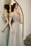 Light Gray Straps Floor Length Tulle Prom Gowns A Line Long Party Dresses N2662