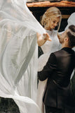 A Line Beaded Chiffon Cap Sleeves Boho Wedding Dresses, Beach Wedding Dresses with Pearls N2066