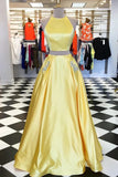 Yellow Satin Two Pieces Halter Long Prom Dresses with Silver Beading N2043