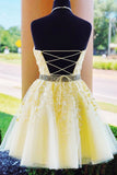 Daffodil Halter Tuller Beaded Homecoming Dresses with Lace Appliques