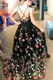 Beautiful Deep V-Neck Sleeveless Black Long Prom Dress with Flowers Unique Formal Dress N2063