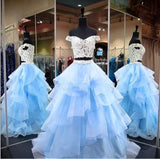 Two Piece Off-the-Shoulder Tiered Blue Tulle Long Prom Dresses with Lace N1276