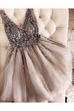 Gray Sparkly V-Neck Sleeveless Tulle Homecoming Dresses with Sequins A Line Short Prom Dresses N2015