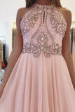 Blush Pink Chiffon Prom Dresses with Beading Rhinstone Flowy Backless Graduation Dresses N1745